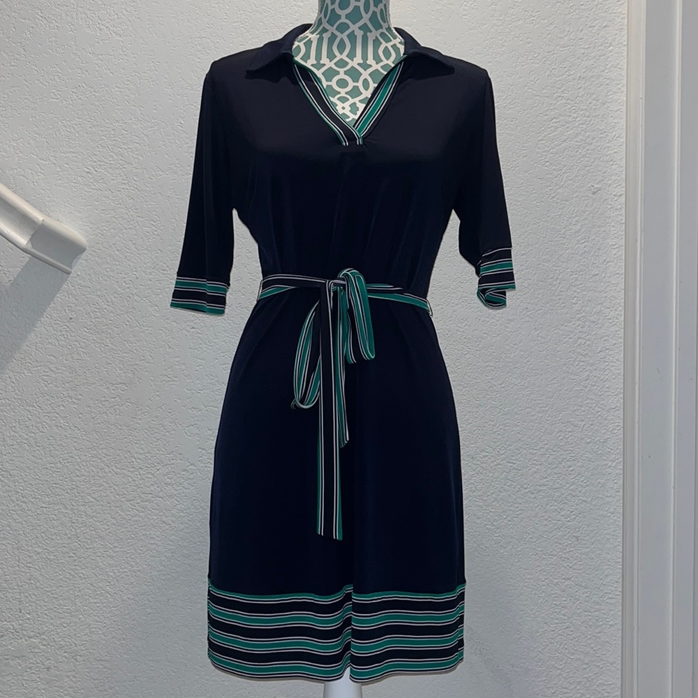 En Focus Petite Navy w/Green & White Stripes Shirtdress ¾ sleeves Sz 6 P V-Neck
